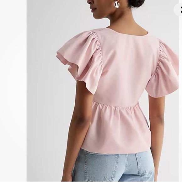 😊 Express Square Neck Flutter Sleeve Peplum Babydoll Top Pastel Pink - Picture 3 of 6